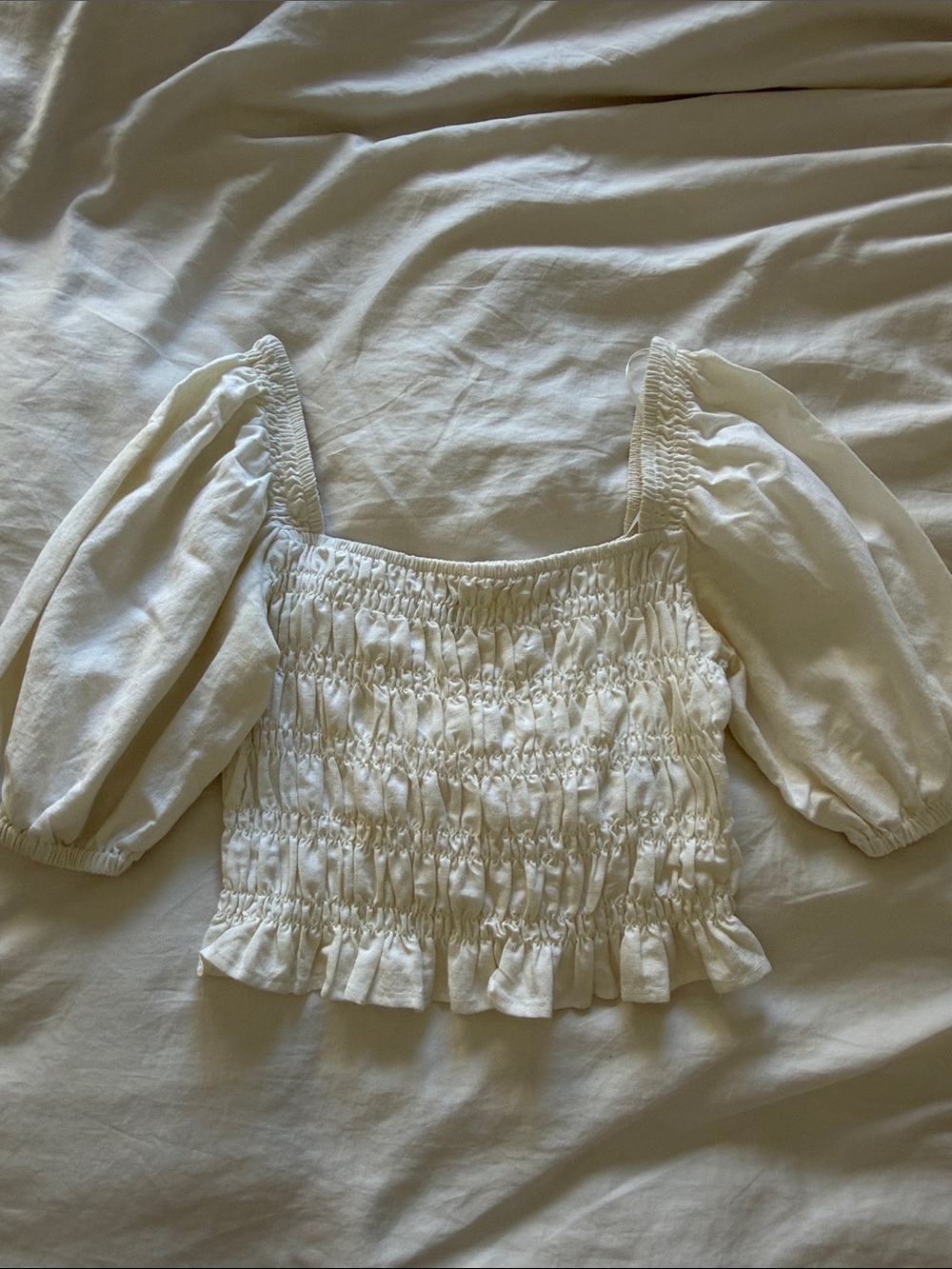 Rhythm. White Smocked Puff-Sleeve Crop Top
